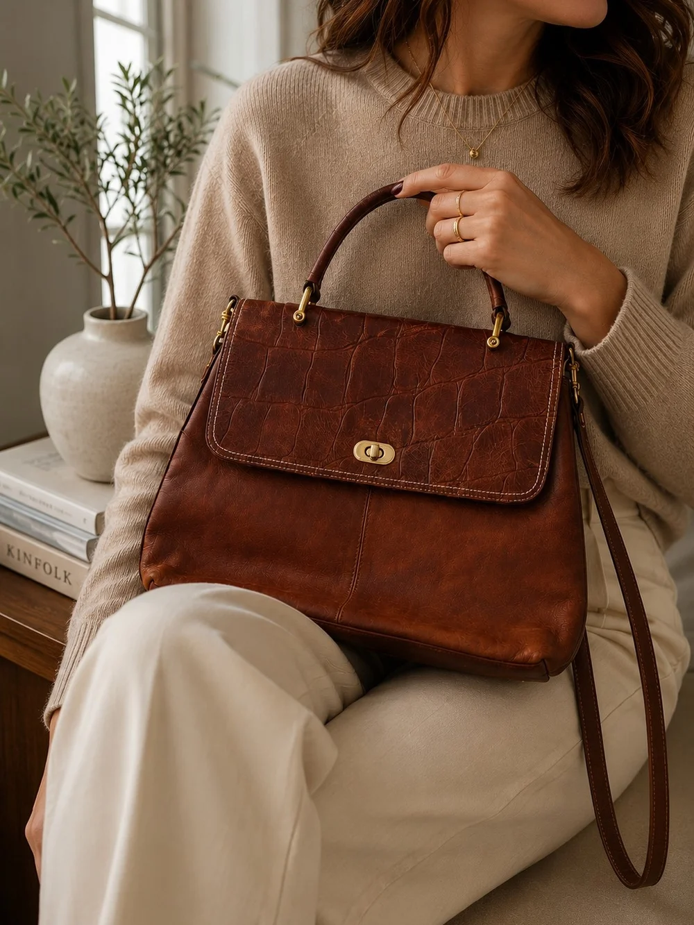 Vintage Classic Brown Leather Top-Handle Satchel - Elegant Everyday Bag